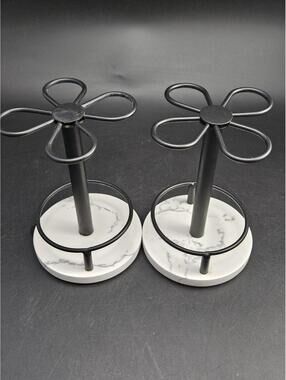 Matte Black Toothbrush Holder Pair - Faux Marble Base, Bathroom Vanity Storage